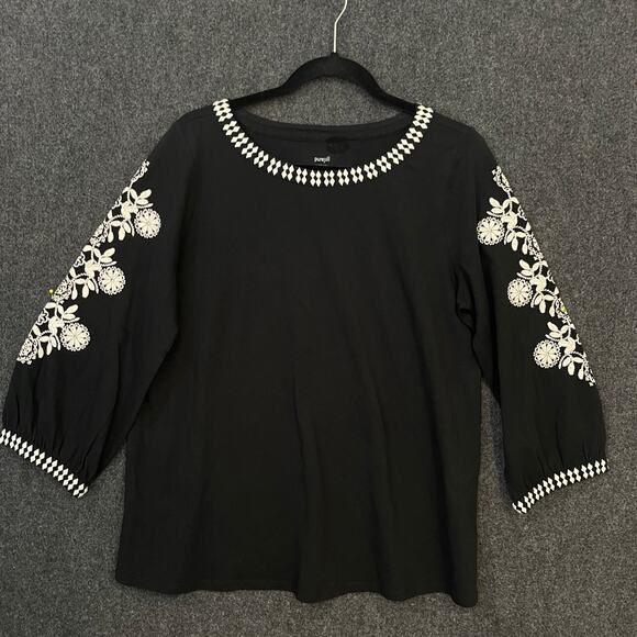 Pure Jill Embroidered Top Black White Organic Cotton Tunic Women’s M - Picture 2 of 9